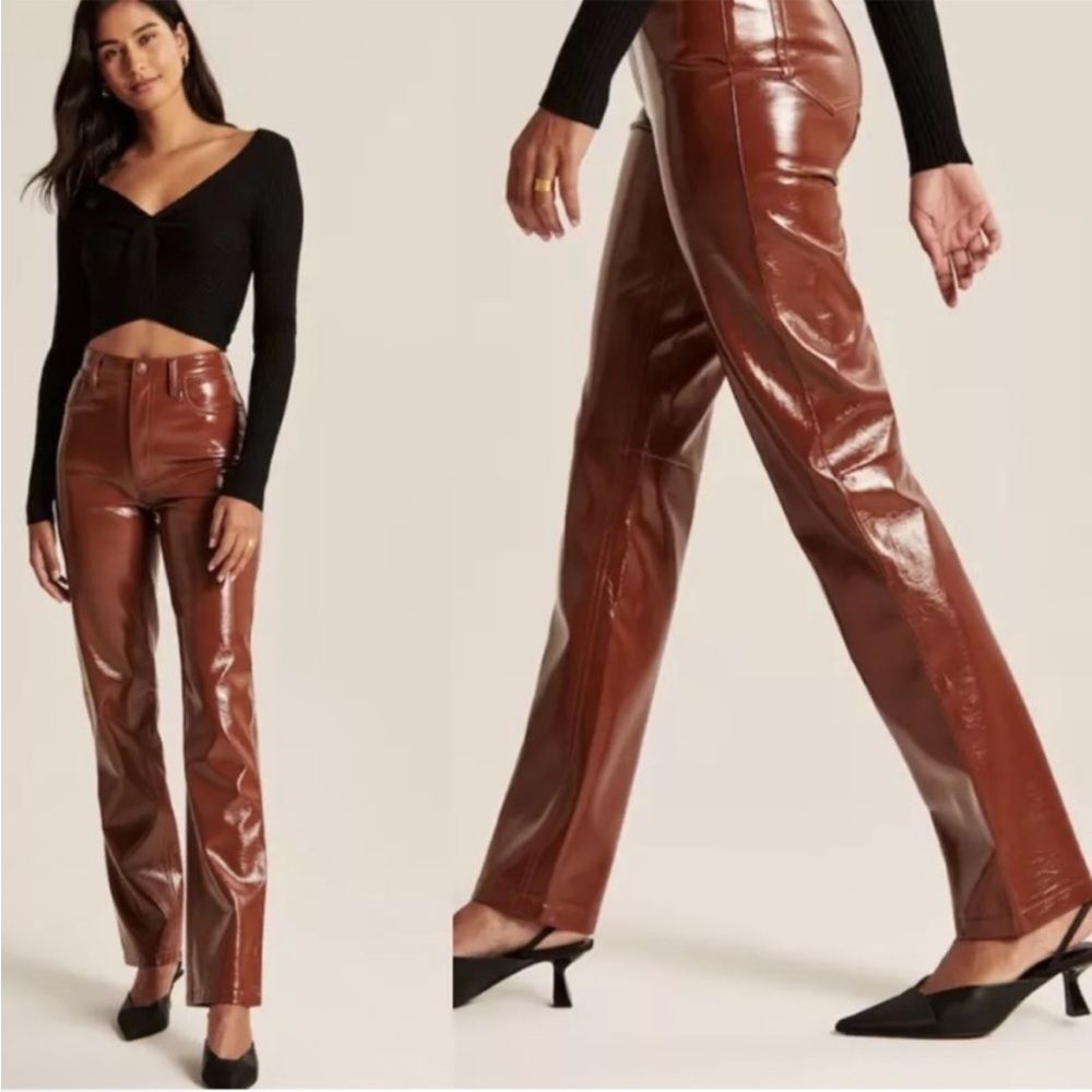 Abercrombie 90s Straight Ultra High Rise Pants Patent Leather Brown